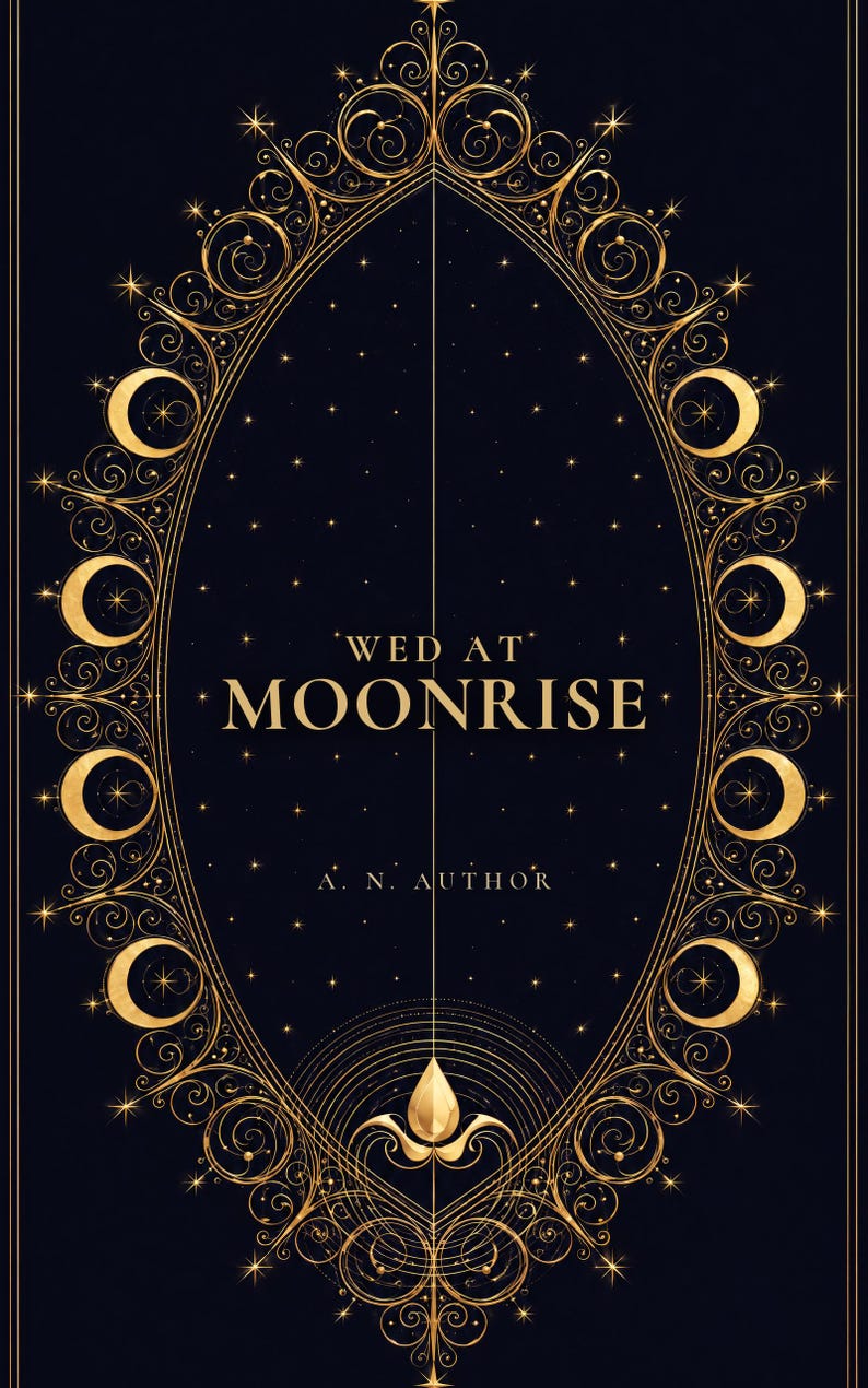 Premade Romantasy Book Cover, Gold Moons on Indigo Filigree, Fated Mates Ebook Design image 1