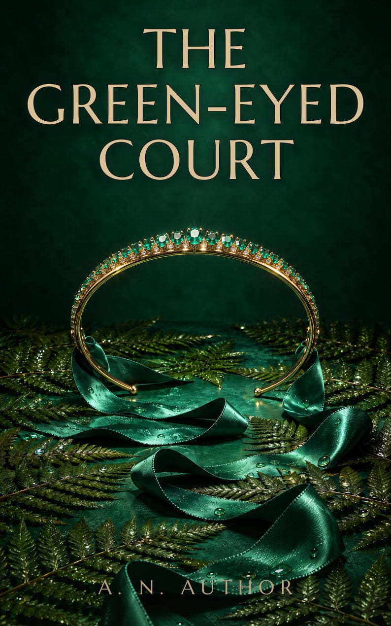 Premade Romantasy Book Cover, Emerald Diadem on Green Velvet Art for Fae Court Authors image 1