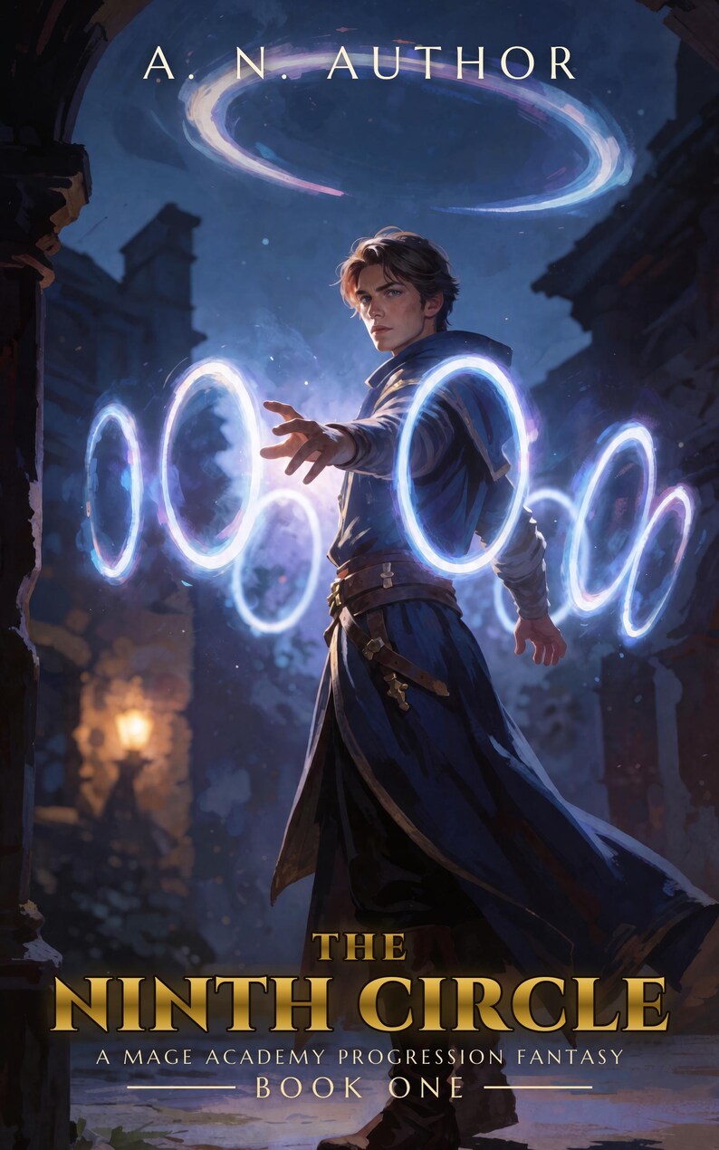 Premade Fantasy Book Cover, Young Mage Casting Spell Rings Art for Magic Academy Authors image 2