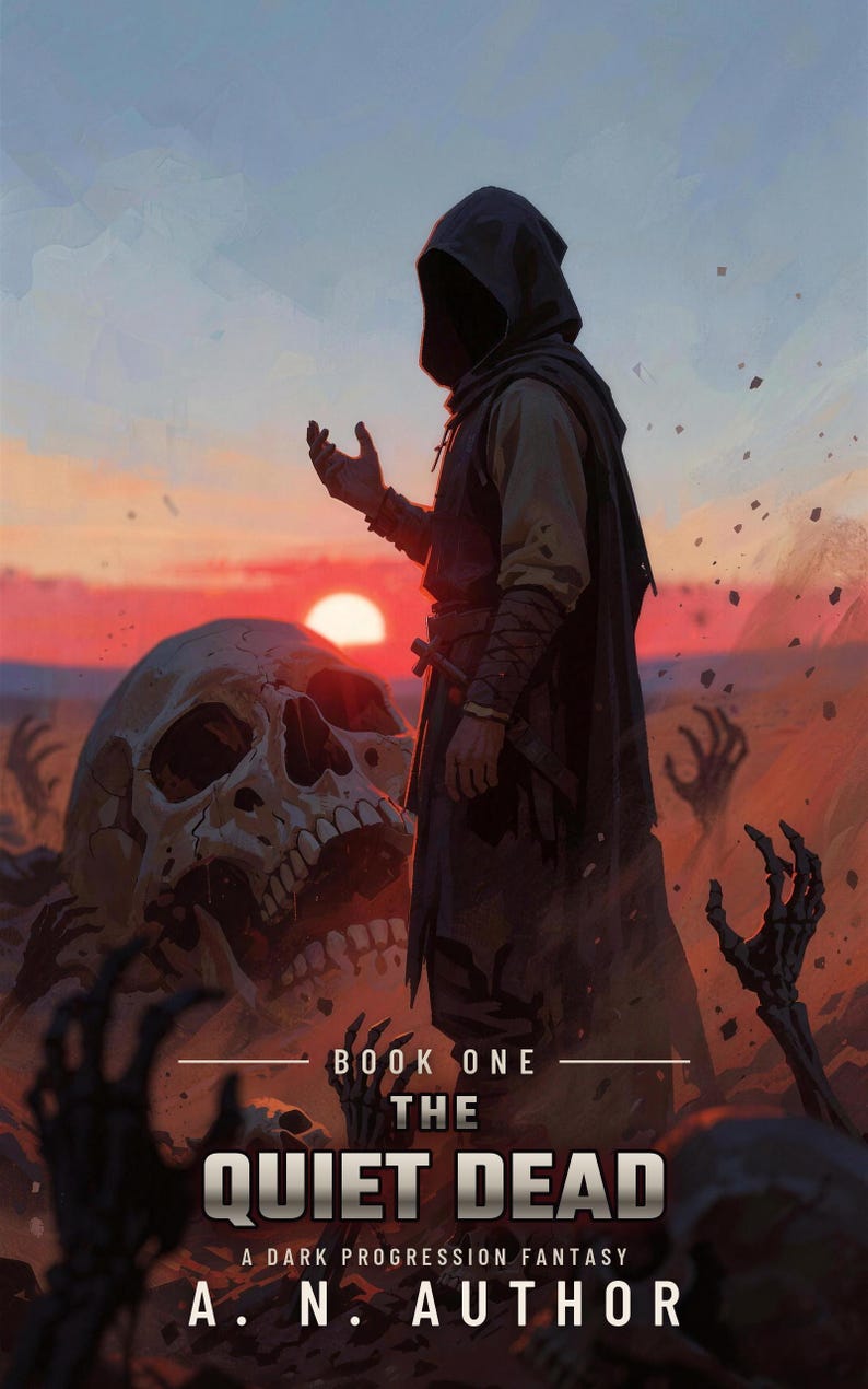 Capa de livro de fantasia sombria pré-fabricada, com caveiras e arte de mortos-vivos para autores necromantes. imagem 1