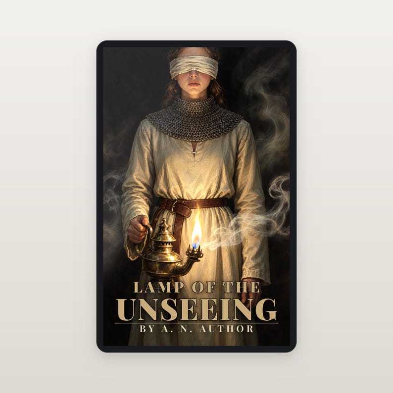 Premade Fantasy Book Cover, Blindfolded Knight With a Lamp, Painted Ebook Design image 2