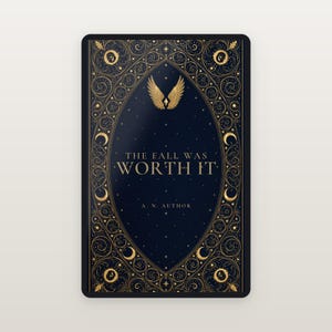 Premade Romantasy Book Cover, Gold Wings on Navy Filigree, Fallen Angel Ebook Design image 2