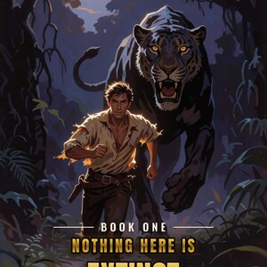 Premade Adventure Book Cover, Man Chased by Black Panther Art for Jungle Action Authors image 2
