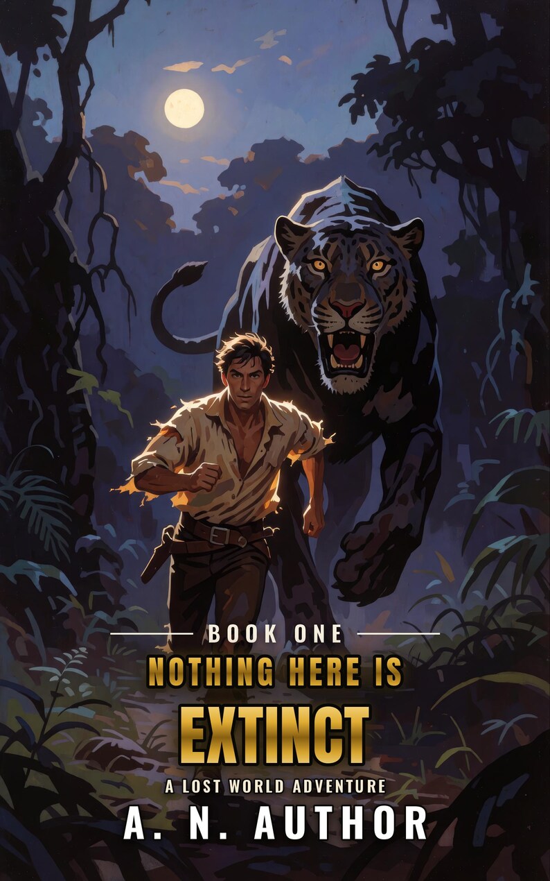 Premade Adventure Book Cover, Man Chased by Black Panther Art for Jungle Action Authors image 2