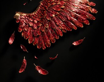 Premade Sci Fi Book Cover, Hammered Crimson Metal Wing Art for Space Opera Authors