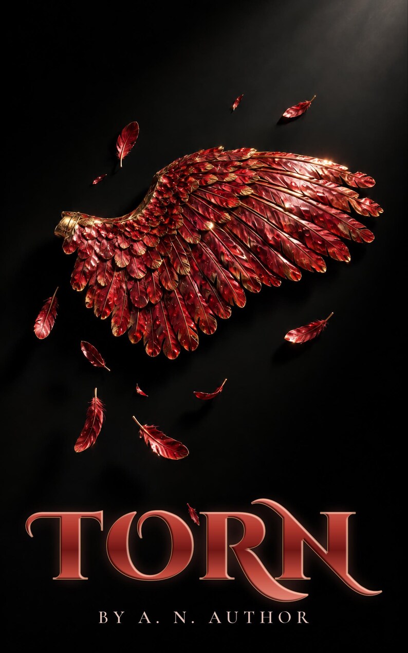 Premade Sci Fi Book Cover, Hammered Crimson Metal Wing Art for Space Opera Authors image 1