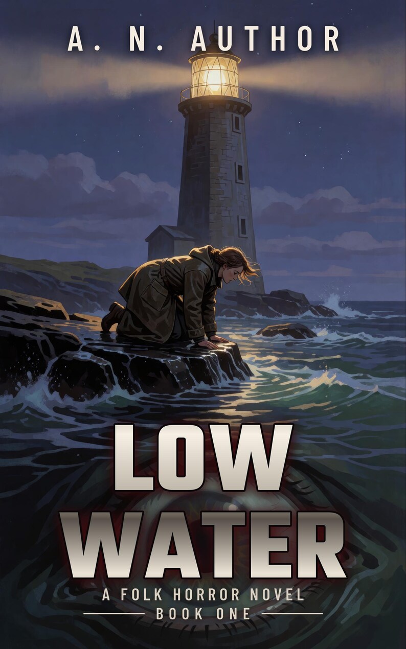 Copertina predefinita per libri horror, con faro e occhio di mostro marino, ideale per autori di horror folk. immagine 4