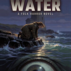 Copertina predefinita per libri horror, con faro e occhio di mostro marino, ideale per autori di horror folk. immagine 1