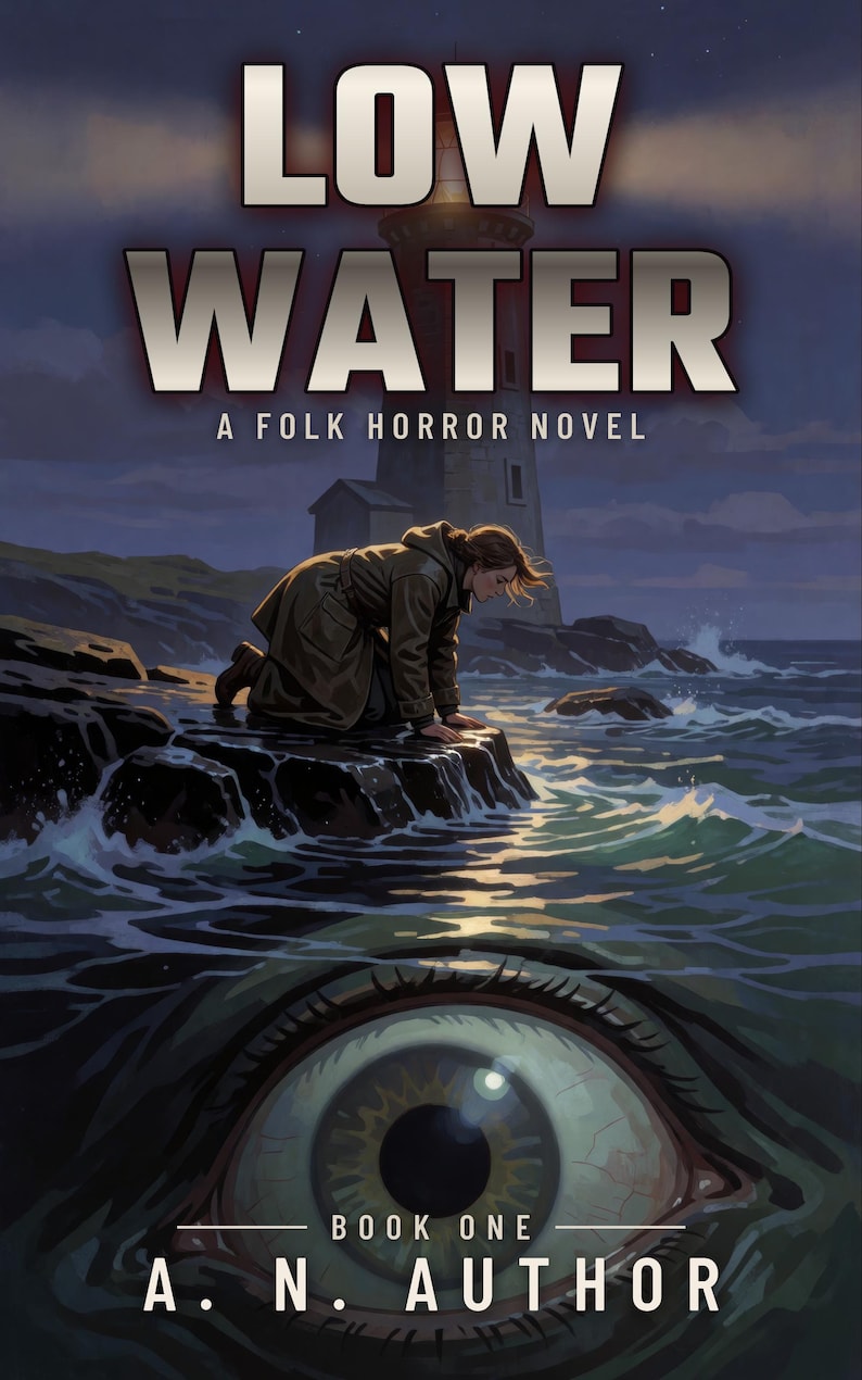 Copertina predefinita per libri horror, con faro e occhio di mostro marino, ideale per autori di horror folk. immagine 1