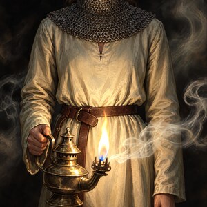 Premade Fantasy Book Cover, Blindfolded Knight With a Lamp, Painted Ebook Design image 3