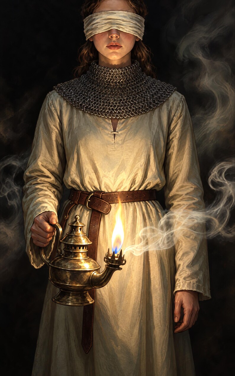 Premade Fantasy Book Cover, Blindfolded Knight With a Lamp, Painted Ebook Design image 3