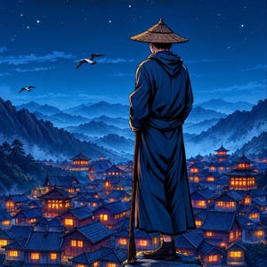 Premade LitRPG Book Cover, Straw Hat Immortal Above a Lantern Town Art for Cultivation Authors image 1