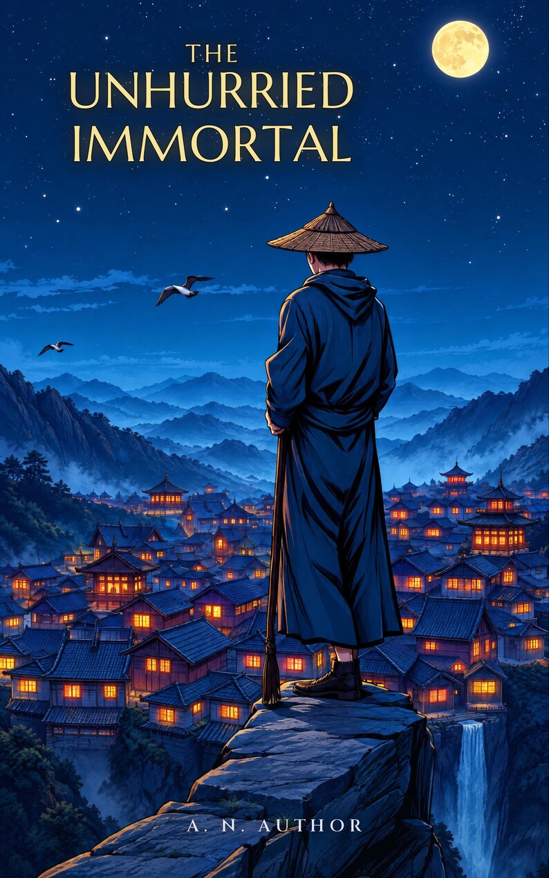Premade LitRPG Book Cover, Straw Hat Immortal Above a Lantern Town Art for Cultivation Authors image 1