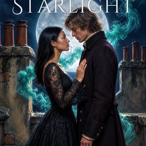 Premade Witchy Book Cover, Rooftop Couple Under the Moon Art for Paranormal Romance Authors image 1