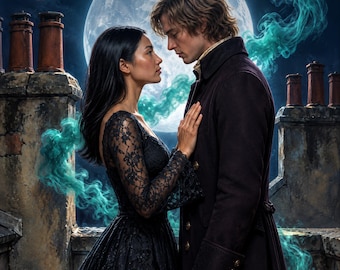 Premade Witchy Book Cover, Rooftop Couple Under the Moon Art for Paranormal Romance Authors