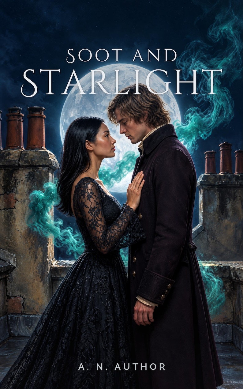 Premade Witchy Book Cover, Rooftop Couple Under the Moon Art for Paranormal Romance Authors image 1