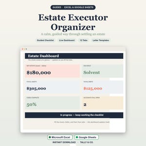 Nachlass executor Organizer, Geführte Checkliste, Excel / Google Sheets (Digitaler Download)