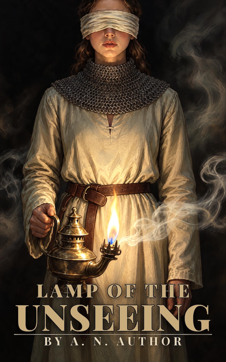 Premade Fantasy Book Cover, Blindfolded Knight With a Lamp, Painted Ebook Design image 1