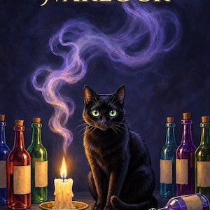 Premade Cozy Mystery Book Cover, Black Cat and Candle Art for Witchy Cozy Authors image 1