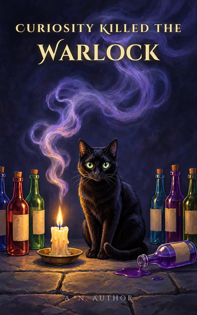 Premade Cozy Mystery Book Cover, Black Cat and Candle Art for Witchy Cozy Authors image 1