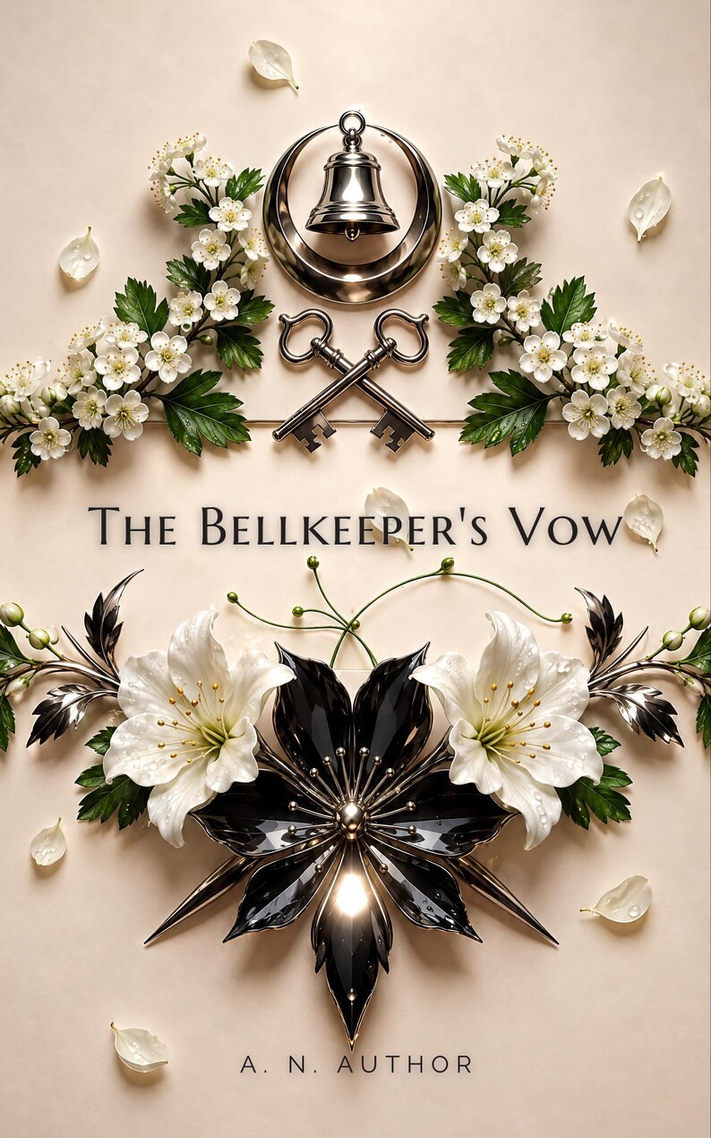 Premade Romantasy Book Cover, Silver Bell and Crossed Keys, Fairytale Ebook Design image 1