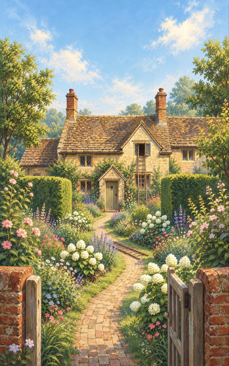 Premade Cozy Mystery Book Cover, Stone Farmhouse and Ladder Art for Village Cozy Authors image 3