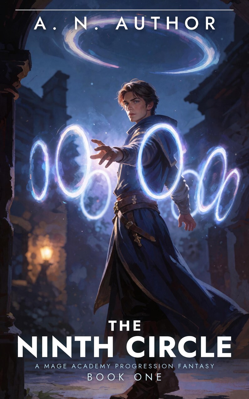 Premade Fantasy Book Cover, Young Mage Casting Spell Rings Art for Magic Academy Authors image 3