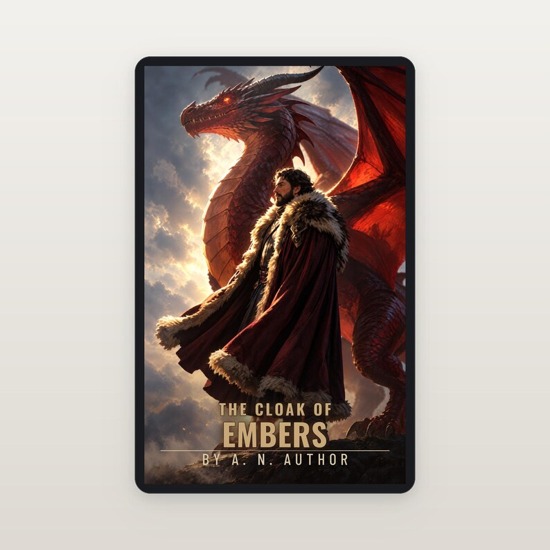 Premade Fantasy Book Cover, Cloaked Warrior and Red Dragon Art for Dragon Rider Authors image 2