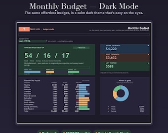 Budgetspreadsheet donkere modus | Maandelijks dashboard 50/30/20 (digitale download)