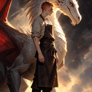 Premade Fantasy Book Cover, Blacksmith and White Dragon Art for Dragon Rider Authors image 3