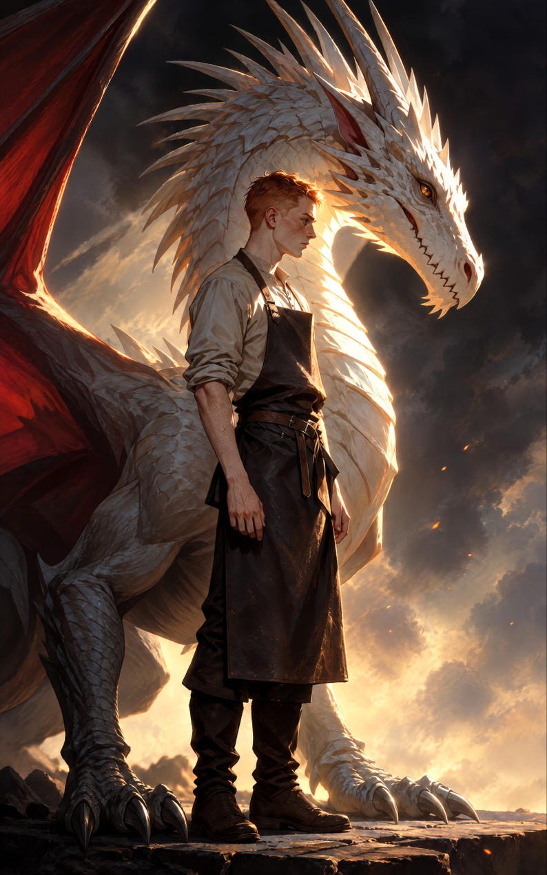 Premade Fantasy Book Cover, Blacksmith and White Dragon Art for Dragon Rider Authors image 3