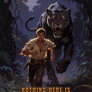 Premade Adventure Book Cover, Man Chased by Black Panther Art for Jungle Action Authors image 4