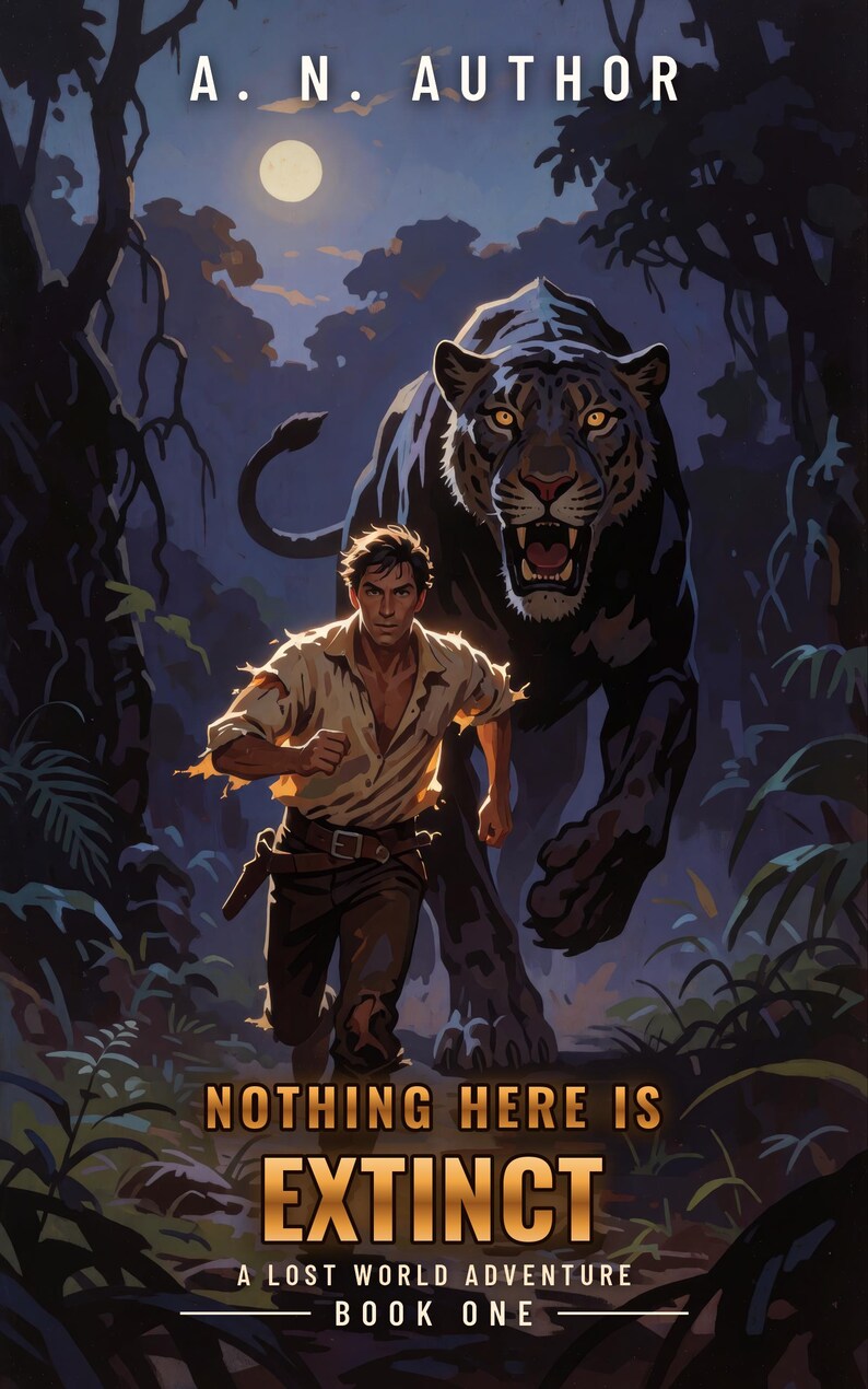 Premade Adventure Book Cover, Man Chased by Black Panther Art for Jungle Action Authors image 4