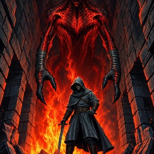 Premade LitRPG Book Cover, Hooded Fighter and Fire Giant Art for Dungeon Boss Authors image 1