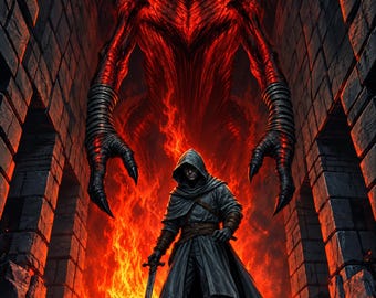 Premade LitRPG Book Cover, Hooded Fighter and Fire Giant Art for Dungeon Boss Authors