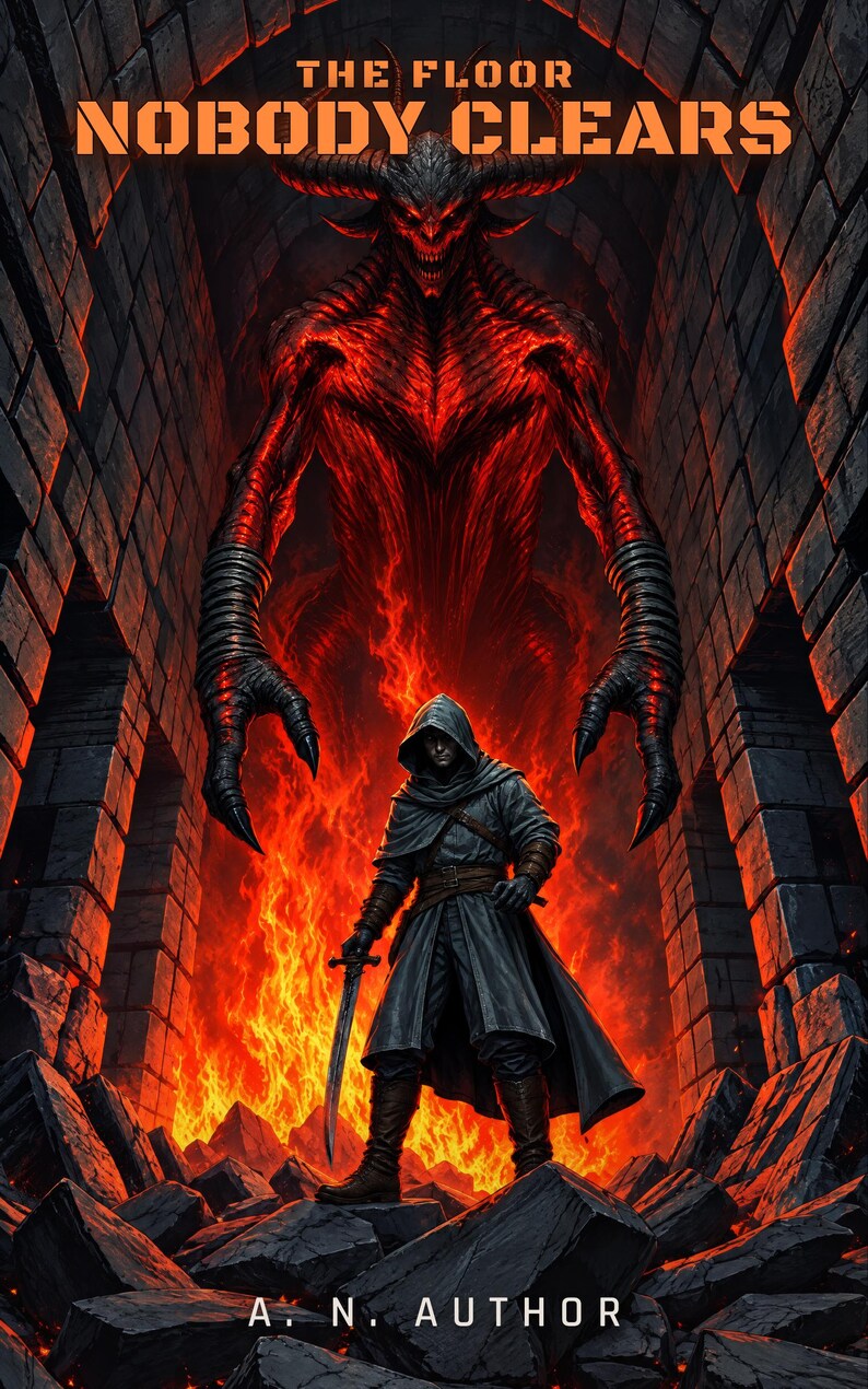 Premade LitRPG Book Cover, Hooded Fighter and Fire Giant Art for Dungeon Boss Authors image 1