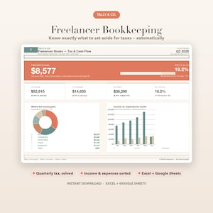 Freelancer boekhoudspreadsheet, inkomsten-uitgaventracker, belastingschatter (digitale download) afbeelding 1