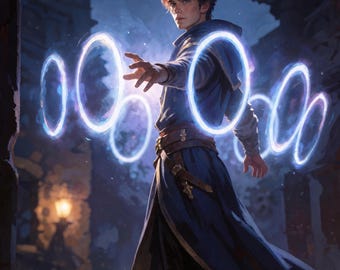 Premade Fantasy Book Cover, Young Mage Casting Spell Rings Art for Magic Academy Authors