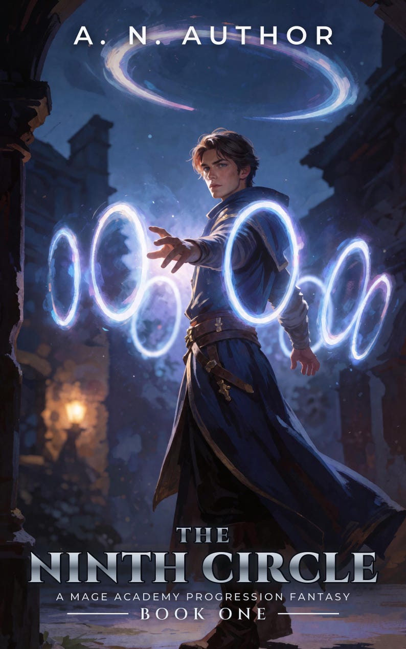 Premade Fantasy Book Cover, Young Mage Casting Spell Rings Art for Magic Academy Authors image 1