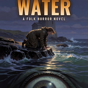 Copertina predefinita per libri horror, con faro e occhio di mostro marino, ideale per autori di horror folk. immagine 2