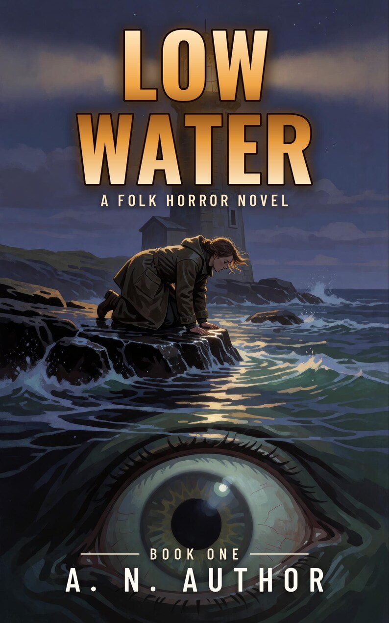 Copertina predefinita per libri horror, con faro e occhio di mostro marino, ideale per autori di horror folk. immagine 2