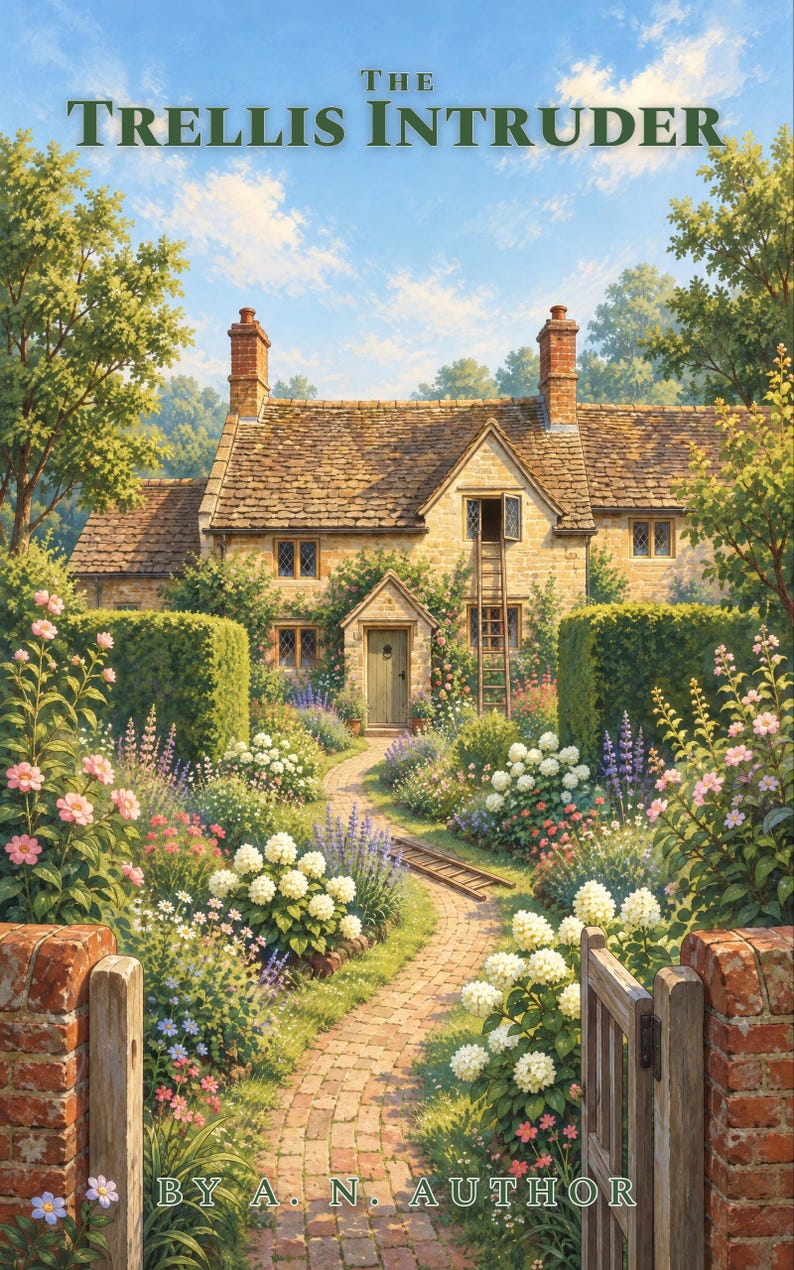 Premade Cozy Mystery Book Cover, Stone Farmhouse and Ladder Art for Village Cozy Authors image 1