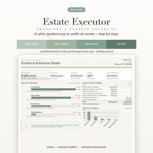 May include: An Estate Executor Organiser and Probate Checklist digital document by Tally & Co. The layout features a Probate & Settlement Binder with sections for an executor checklist, assets and debts ledger, and a bar chart for assets by category.