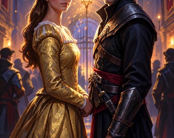Premade Fantasy Book Cover, Princess and Masked Assassin Art for Romantic Fantasy Authors