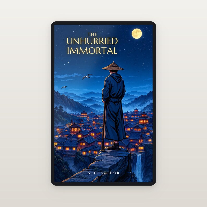Premade LitRPG Book Cover, Straw Hat Immortal Above a Lantern Town Art for Cultivation Authors image 2