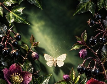 Premade Witchy Book Cover, Cream Moth in Nightshade Art for Hedge Witch Authors