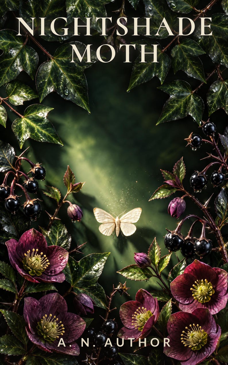 Premade Witchy Book Cover, Cream Moth in Nightshade Art for Hedge Witch Authors image 1