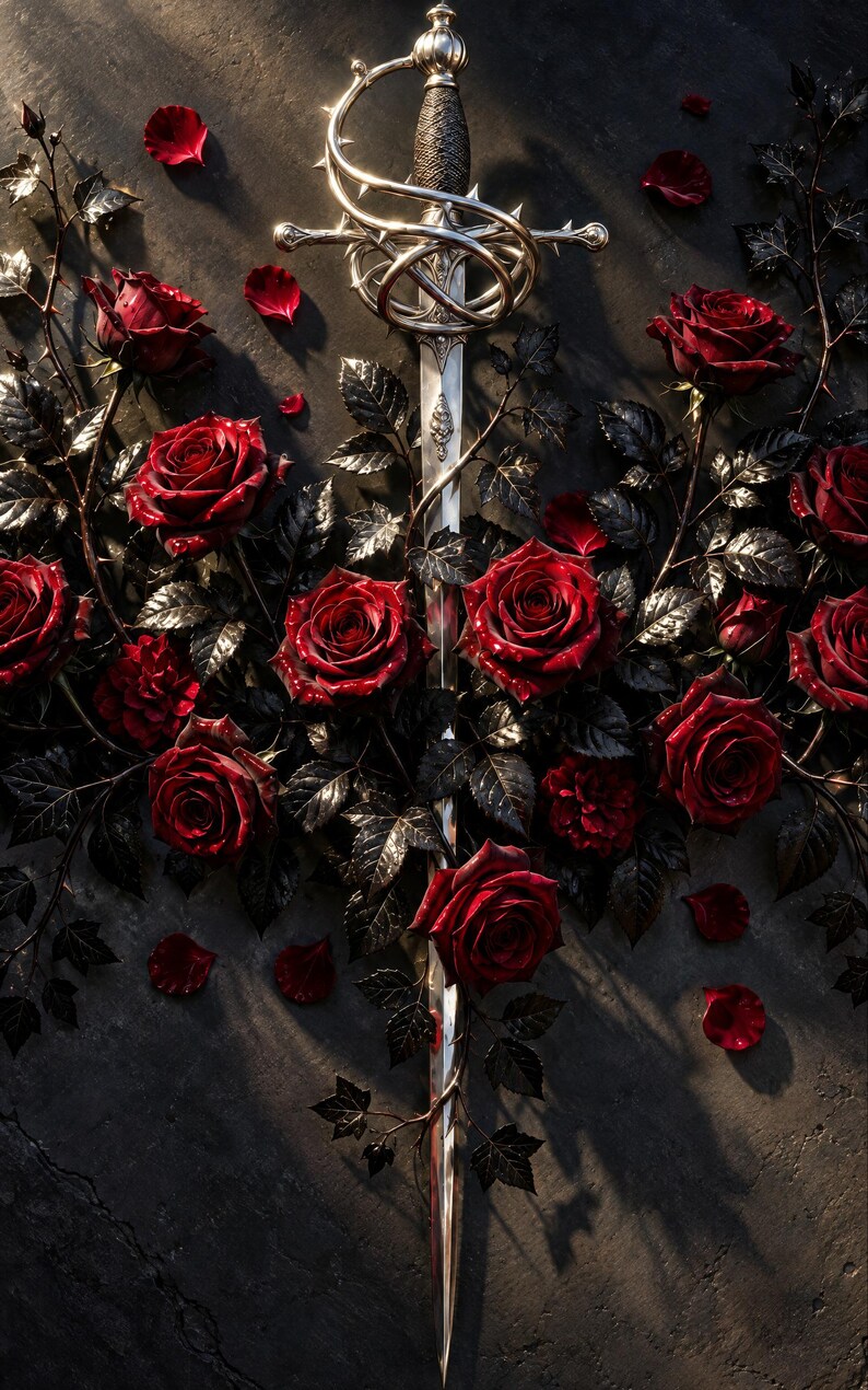 Premade Fantasy Book Cover, Silver Rapier in Crimson Roses Art for Dark Fantasy Authors image 3