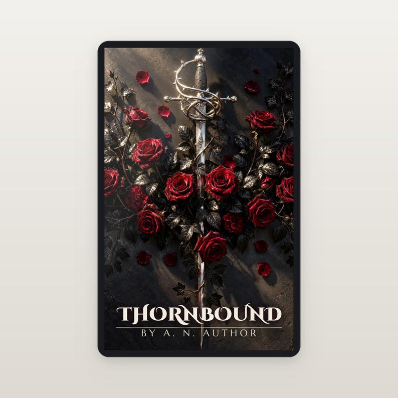 Premade Fantasy Book Cover, Silver Rapier in Crimson Roses Art for Dark Fantasy Authors image 2
