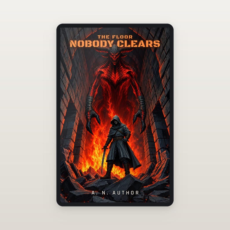 Premade LitRPG Book Cover, Hooded Fighter and Fire Giant Art for Dungeon Boss Authors image 2